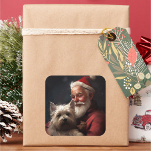 Cairn Terrier Med Tomte Jul Festive Jul Fyrkantigt Klistermärke