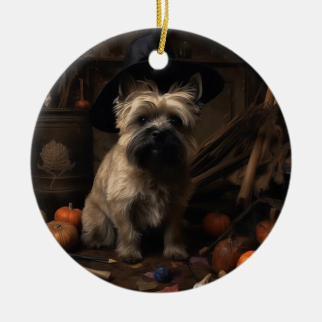 Cairn Terrier Pumpkins Halloween Scary Julgransprydnad Keramik (Framsidan)