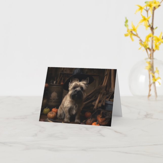 Cairn Terrier Pumpor Halloween Skräckinjagande Kort (Gul blomma)