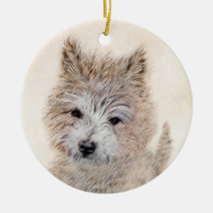 Cairn Terrier Puppy Painting - Original Hund Art Julgransprydnad Keramik
