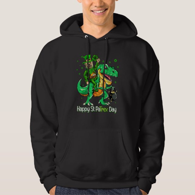 Cairn Terrier Riding Dinosaur Patricks Day Shamroc Hoodie (Framsida)