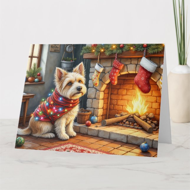Cairn Terrier sittande vid öppen spis julbelysning Kort (Framsida)