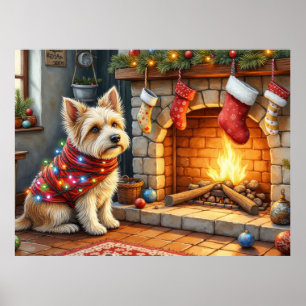 Cairn Terrier sittande vid öppen spis julbelysning Poster