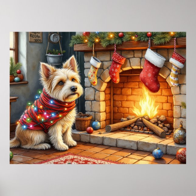 Cairn Terrier sittande vid öppen spis julbelysning Poster (Framsidan)