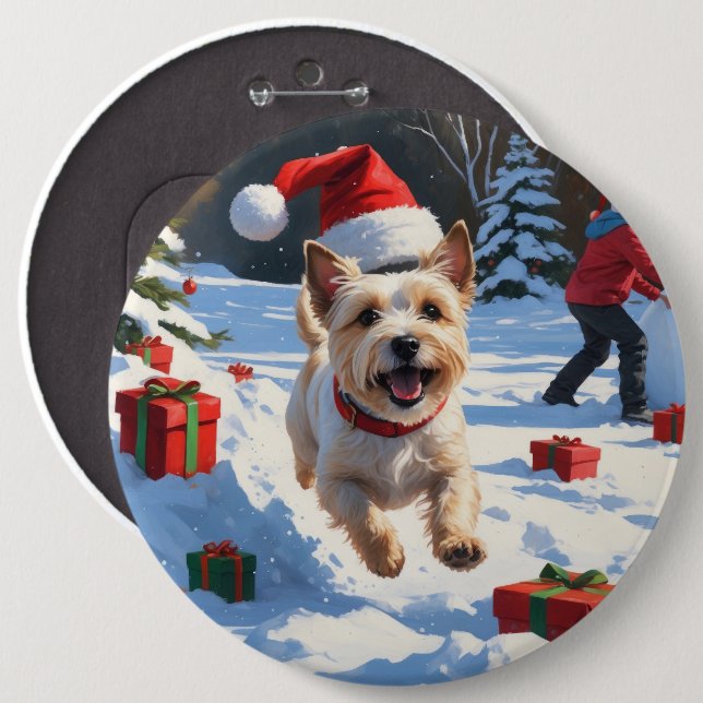 Cairn Terrier springer i snö med julhatt Knapp (Framsida & baksida)