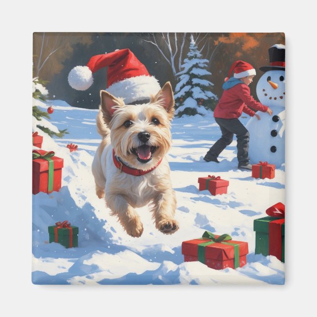 Cairn Terrier springer i snö med julhatt Magnet (Framsidan)