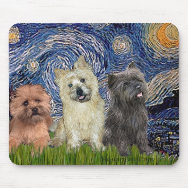 Cairn Terriers (tre) - Stjärnklar natt Musmatta (Framsidan)