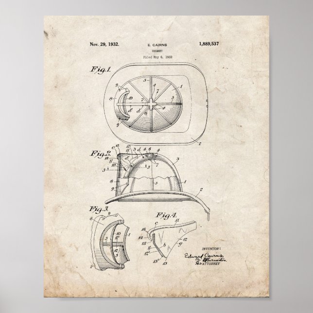 Cairns Fireman Helmet Patent - gammalt utseende Poster (Framsidan)