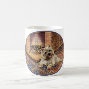Cairnterrier vid mysig öppen spis kaffemugg