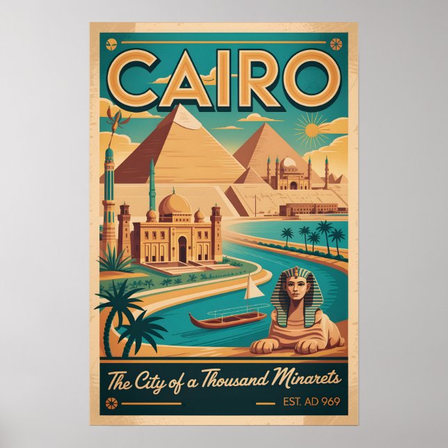 Cairo Egypt Retro Resemålning Affisch Konsttryck (Framsidan)