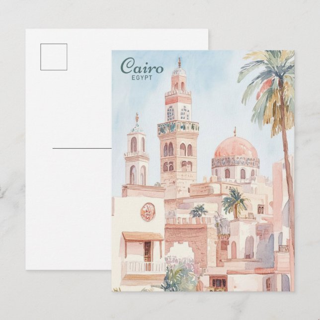 Cairo Egypten Gouache Paint Illustration Travel Vykort (Fram/baksida)