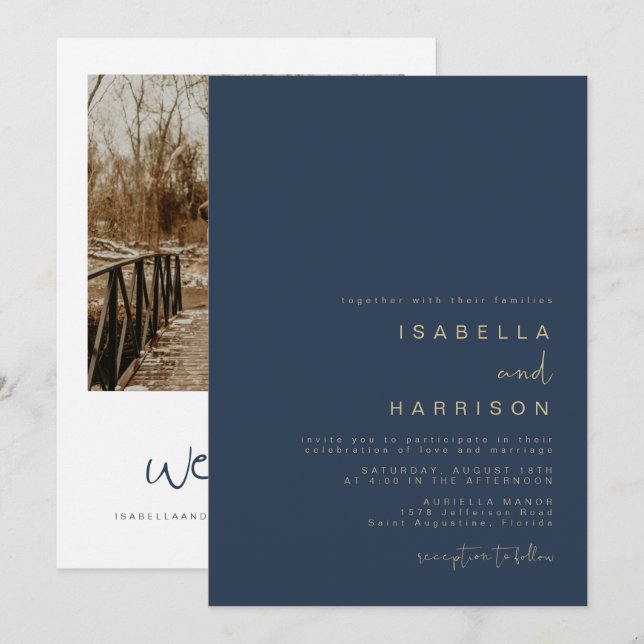 CAITLIN Elegant Navy och Guld Photo Bröllop Inbjudningar (Fram/baksida)