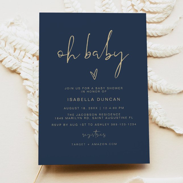 CAITLIN Modern Navy Blue och Guld Oh Baby Shower Inbjudningar (Skapare uppladdad)