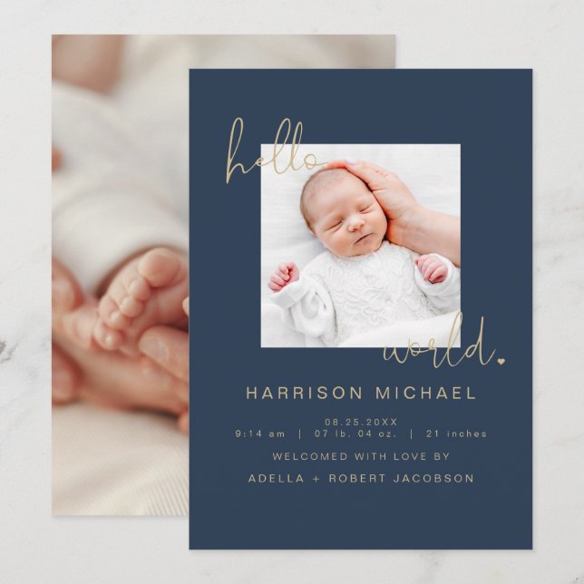 CAITLIN Modern Navy Newborn One Photo Notice Inbjudningar (Fram/baksida)