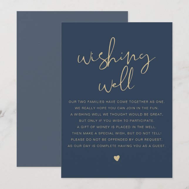 CAITLIN Modern Navy och Guld Wishing well Sign Inbjudningar (Fram/baksida)