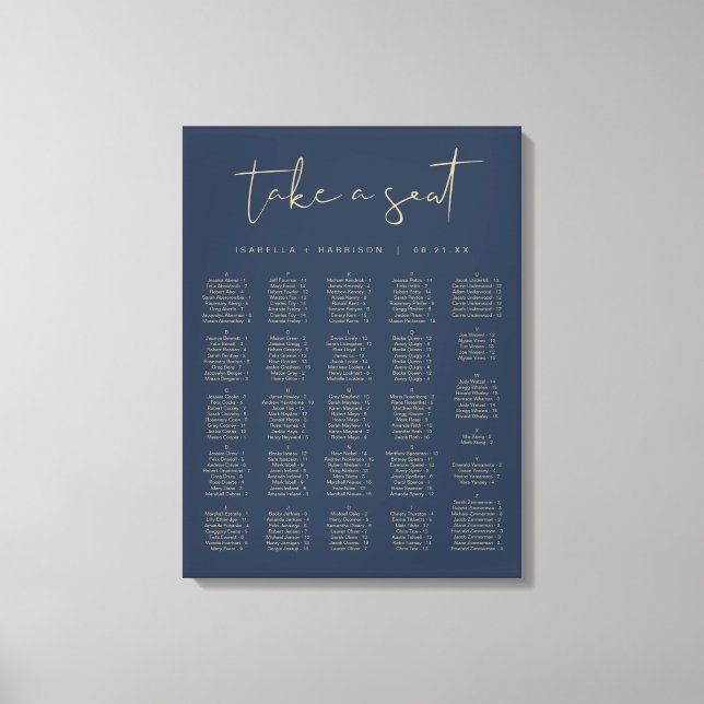 CAITLIN Navy Blue and Guld Alfabetical Seating Canvastryck (Framsida)