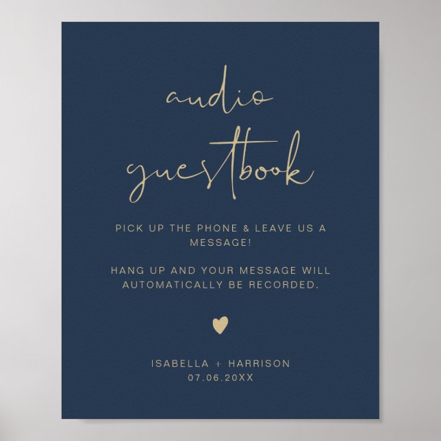 CAITLIN Navy & Guld Audio Guestbook Bröllop-tecken Poster (Framsidan)