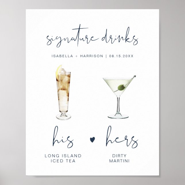 CAITLIN Navy Modern Signature Drink Bröllpsbar Poster (Framsidan)