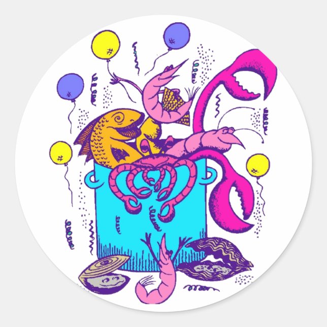 Cajun Stil Pot med fisk, kräftor, räkor Runt Klistermärke (Framsida)