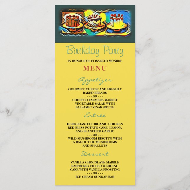 Cake Art Jazz Födelsedagsfest Menu Meny (Framsida)