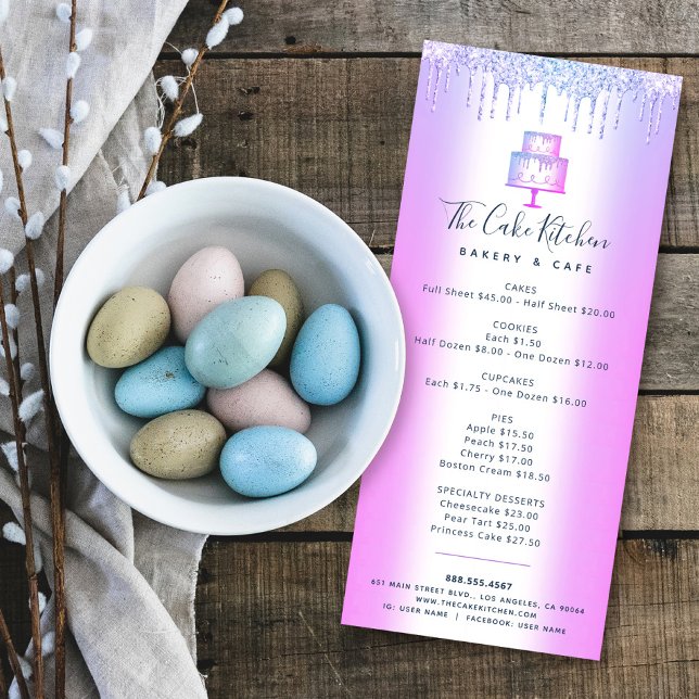 Cake Bakery Lila Glitter Drives Pastry Chef Menu Reklamkort (Skapare uppladdad)