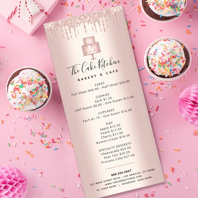Cake Bakery Ro Guld Glitter Pastry Chef Menu Reklamkort (Skapare uppladdad)