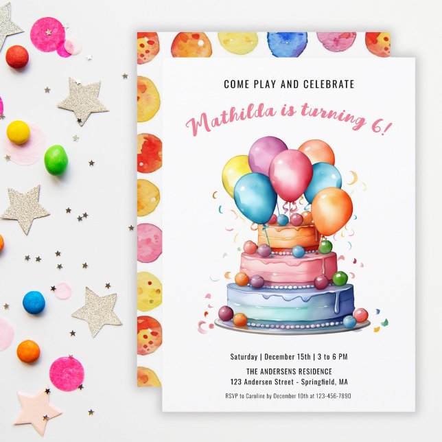 Cake Ballobow Flick kalas Inbjudningar (Cake Balloons Rainbow Girls Birthday Party Invitation)