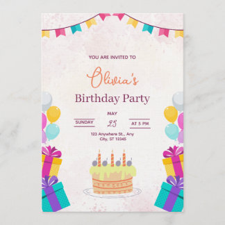 Cake & Balloons Birthday Invitation, Kids Birthday Inbjudningar