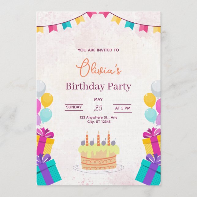 Cake & Balloons Birthday Invitation, Kids Birthday Inbjudningar (Framsida)