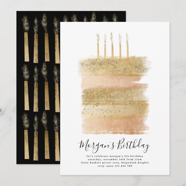 Cake Birthday Inbjudan Girls, 5:e födelsedagen Gul (Fram/baksida)