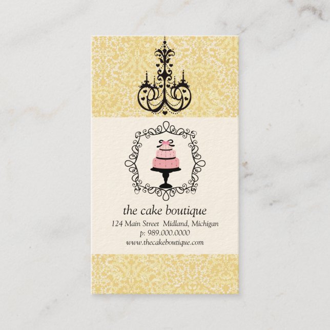 Cake Boutique Finare Gult Damask Affärskort Visitkort (Framsida)