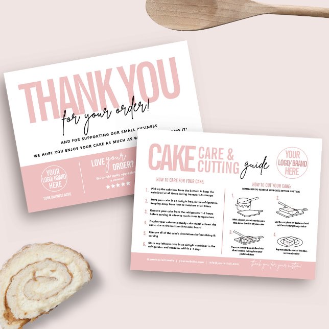 Cake Care & Cining Guide V2, Cake Serve Guide Tack Kort (Cake care guide and cake cutting instructions card with business thank you card reverse side)