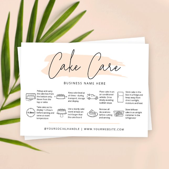 Cake Care Instructions Light Soft Beige Watercolor Visitkort (Cake care instructions business cards in light beige color, featuring care icons and trendy fonts)