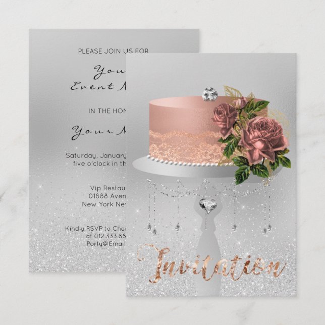 Cake Flower Ro Guld Crystals Silver Grått Glitter Inbjudningar (Fram/baksida)