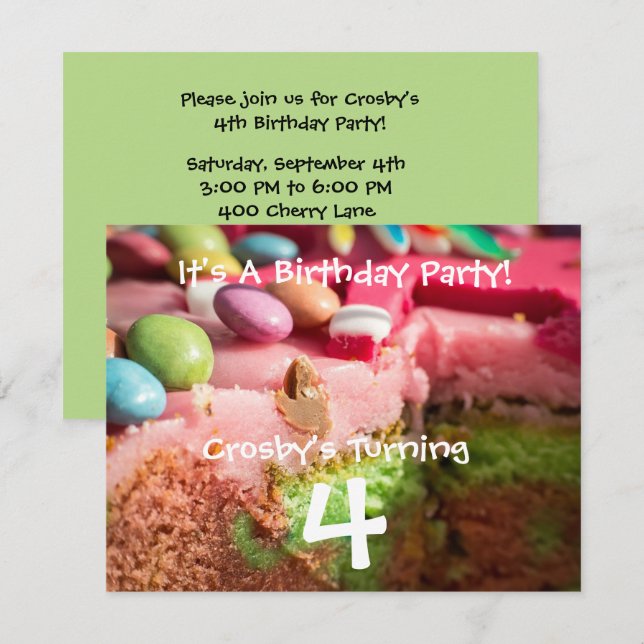 Cake och Candy Barn Födelsedagsfest inbjudan (Fram/baksida)