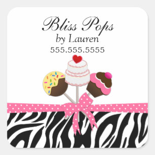 Cake Pops Zebra ränder Ribbon Bakery Stickers Fyrkantigt Klistermärke