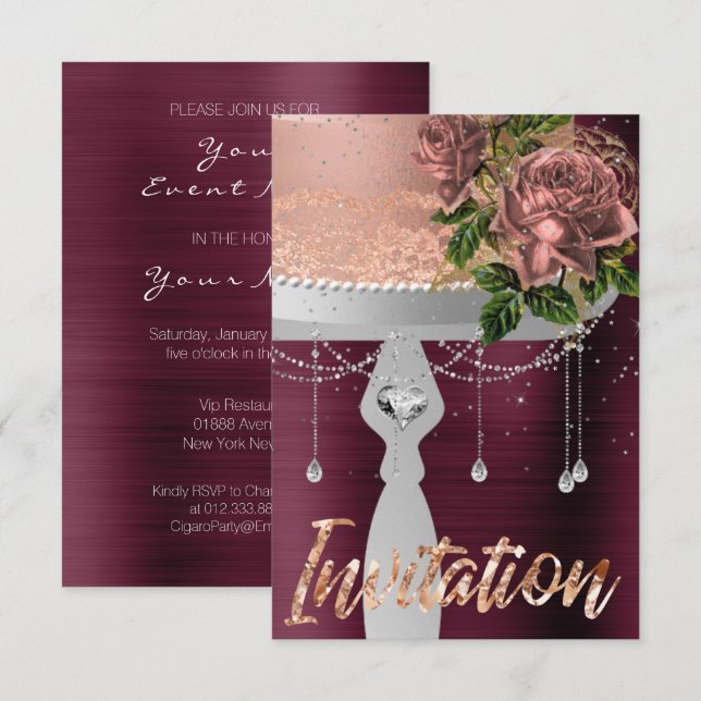 Cake Ro Guld Crystals Silver Confetti Burgundy Inbjudningar (Fram/baksida)