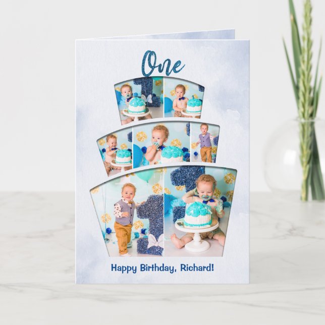 Cake Smash Photo Collage Boy First Birthday Card Kort (Framsida)