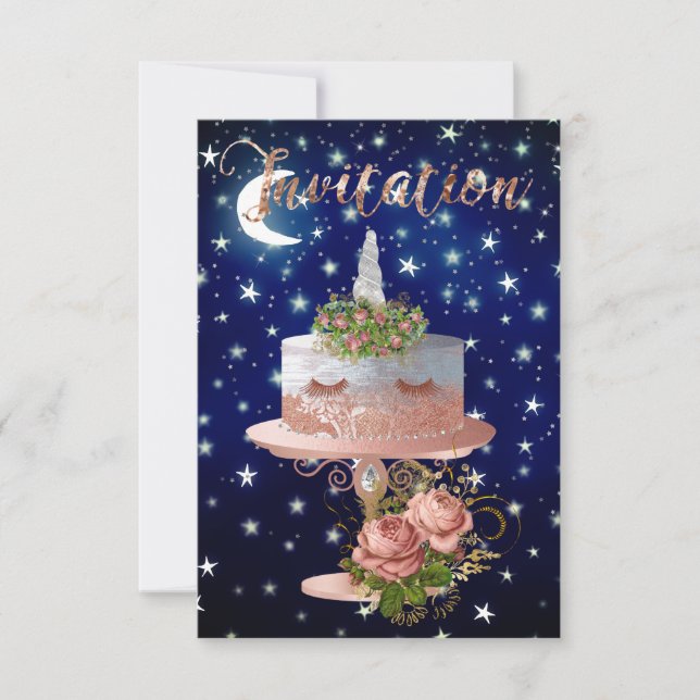 Cake Unicorn Guld Blue Navy Starry Night Ro Inbjudningar (Framsida)