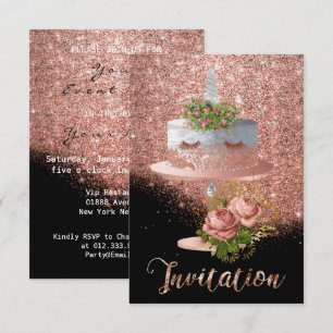 Cake Unicorn Rosa Guld Crystals Silver Glitter Lux Inbjudningar