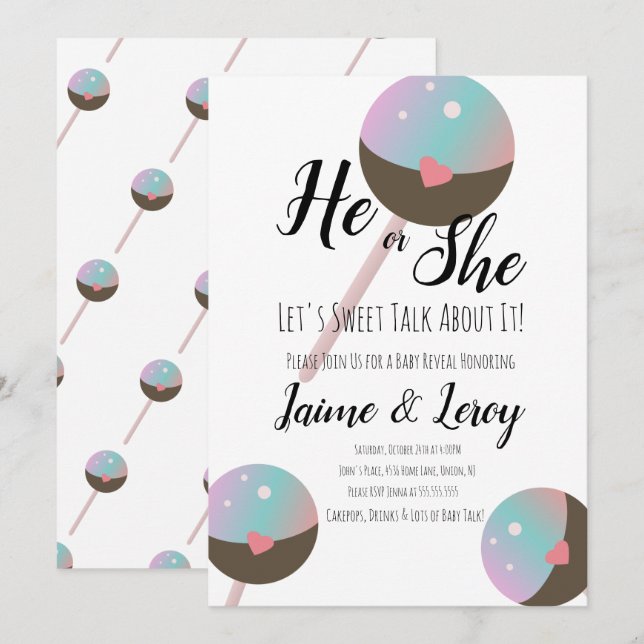 Cakepop Gender avslöjar hans eller hennes inbjudan (Fram/baksida)