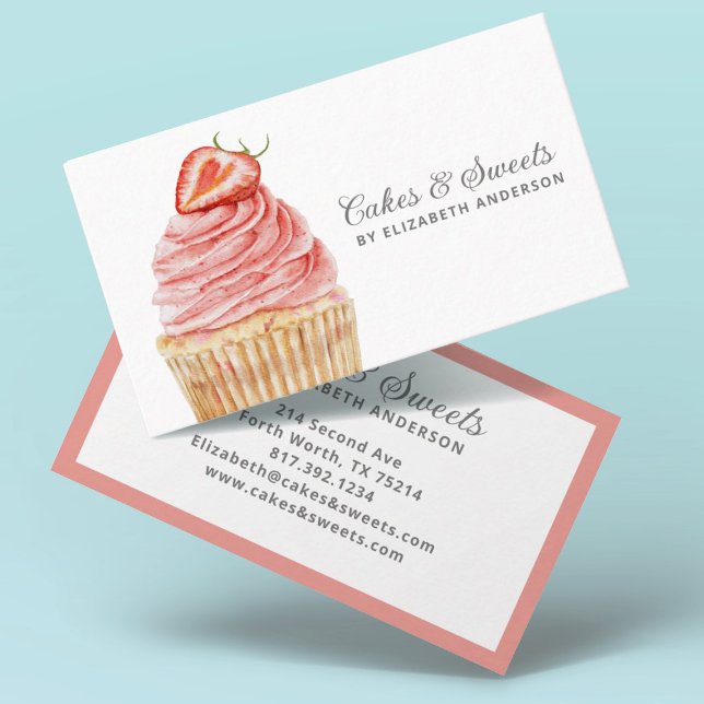 Cakes & Sweets Cuptårta Bakery Pastry Chef Busines Visitkort (A pretty and modern cupcake bakery business card featuring a strawberry cupcake)