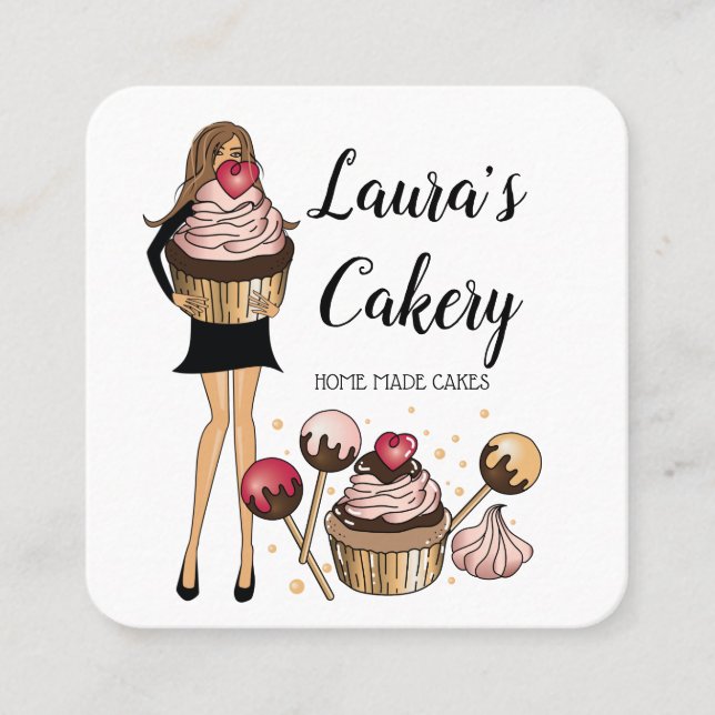 Cakes & Sweets Cuptårta Home Bakery Cute Girl Fyrkantigt Visitkort (Framsida)