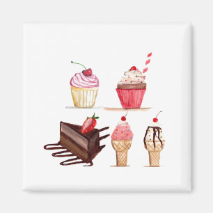 Cakes Watercolor Bakery Sweets Muffinss Pastry Magnet