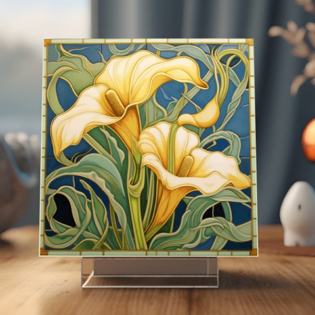 Cala Lily Kakelplatta (A ceramic tile showing two Cala Lillies is shown in a display stand)