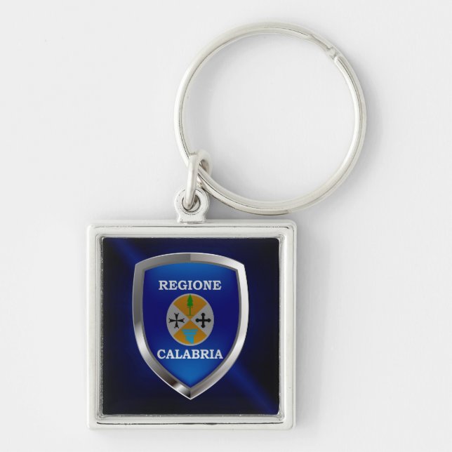 Calabria Mettalic Emblem Fyrkantig Silverfärgad Nyckelring (Framsidan)
