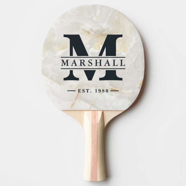 Calacatta Gold Marble Monogram & Name Overlay Pingisracket (Framsidan)