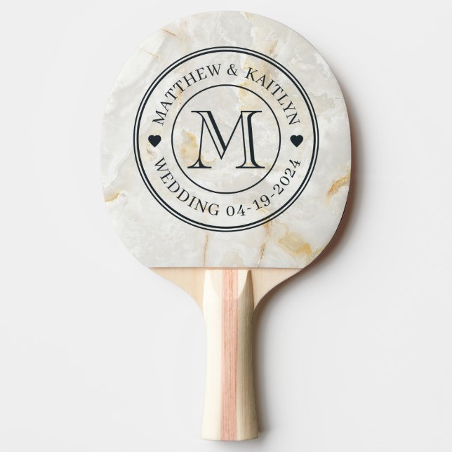 Calacatta Guld Marmor Sten Bröllop Monogram Hjärta Pingisracket (Framsidan)