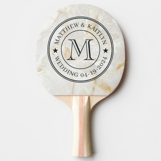 Calacatta Guld Marmor Sten Bröllop Monogram Stjärn Pingisracket (Framsidan)