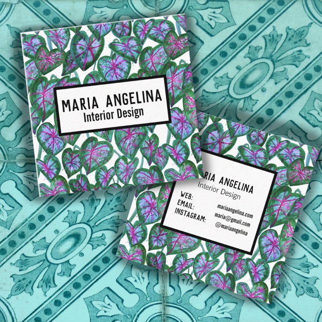 Caladium Löv Tropical Fold Watercolor Botanical Fyrkantigt Visitkort (Skapare uppladdad)